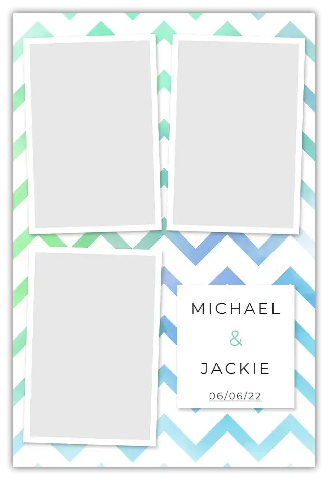 Photo booth template with three empty photo frames on a blue and green chevron background, featuring the names 'Michael & Jackie' and the date '06/06/22', ideal for event selfies and memorable party photos.